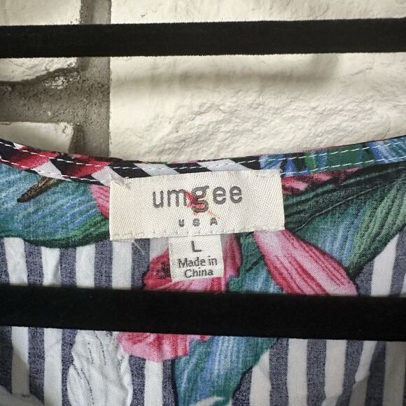 Umgee Blouse Black White Stripe With Tropical Floral Design Front Knot Detail Lg - Picture 2 of 8